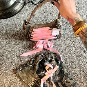 AKIRA Pink and Brown Lace-Up Shoulder Bag with Bucket Hat SET